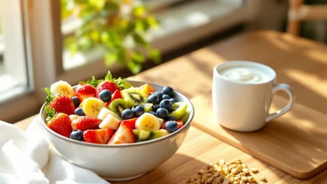 healthy breakfast with fruit salad, yogurt, and granola