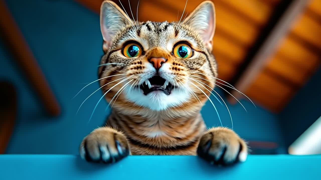 A cat with its mouth open and tongue out looking over a table