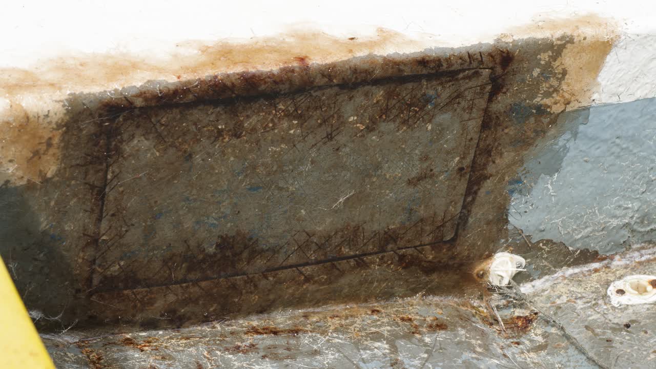 Spreading polyester resin through fiberglass patch boat bulkhead