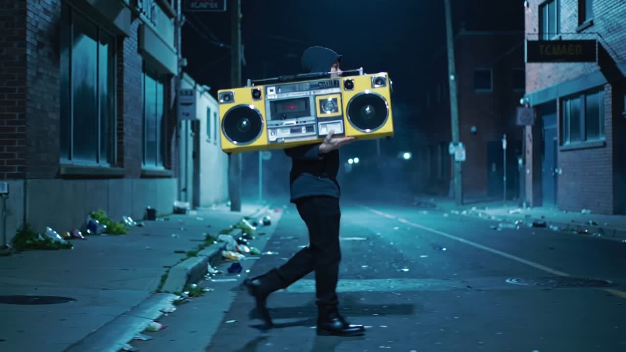 Scendendo dal marciapiede, un uomo con giacca scura e berretto che trasporta uno stereo portatile giallo cammina verso un isolato nebbioso.
