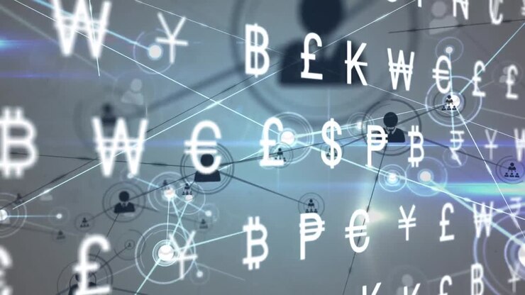 Animation of currency symbols over network of connections on white background