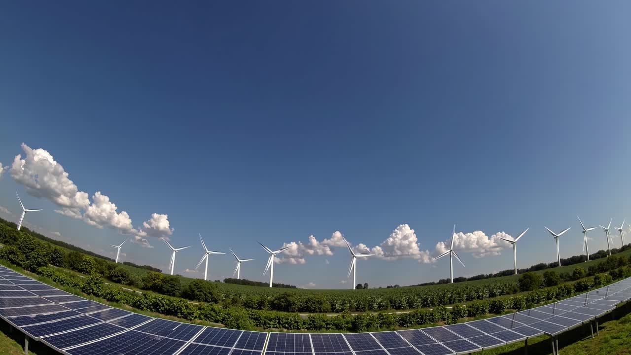 Wide-angle video shot of solar panels and wind turbines under a clear blue sky, showcasing renewable