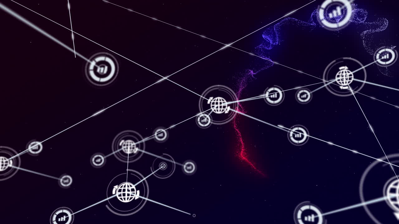 animación de la red de conexiones de iconos de gráficos en fondo negro
