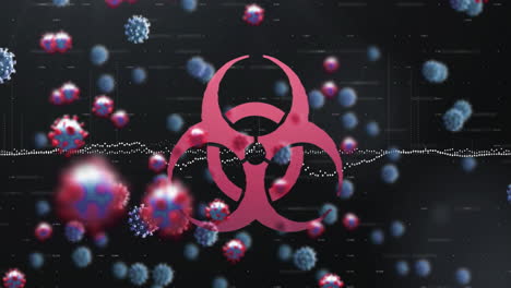 animación de un cartel de peligro biológico sobre las células del coronavirus flotando