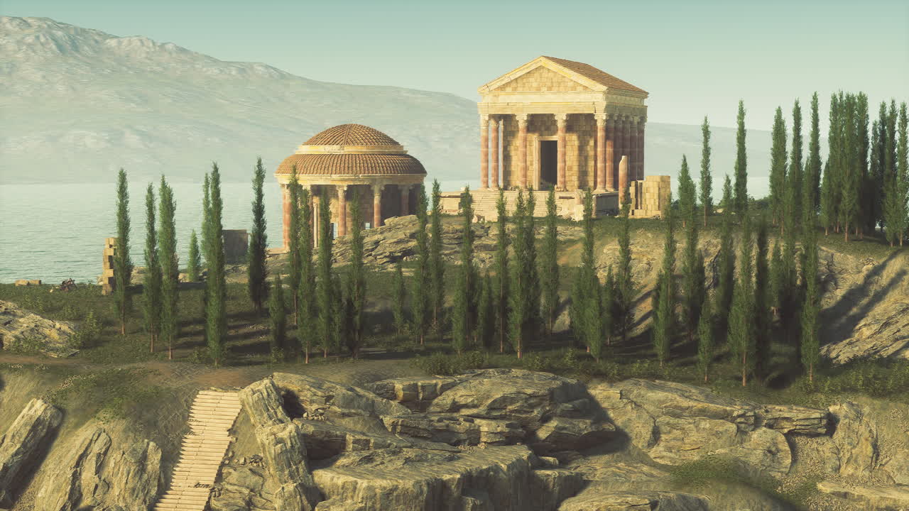 Ancient roman temple ruins by a tranquil bay