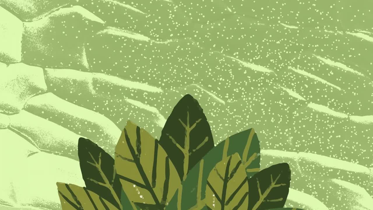animación de hojas verdes balanceándose sobre formas orgánicas blancas parpadeantes en fondo verde