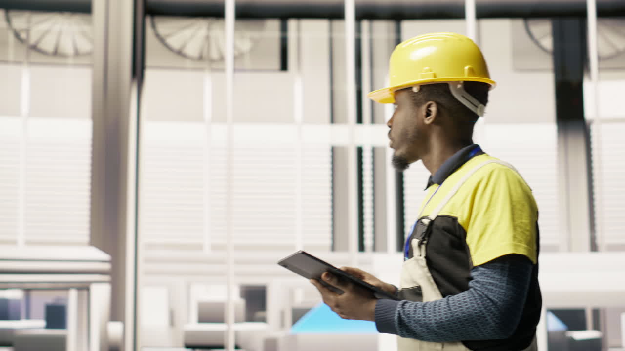 Vertical video Serviceman holding tablet walking in factory, inspecting systems