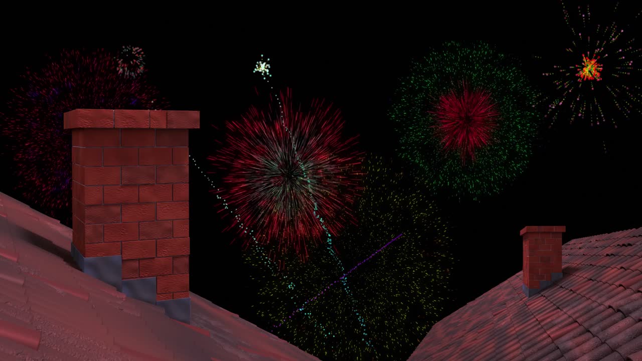 animación de coloridos fuegos artificiales de navidad y año nuevo explotando sobre los techos en el cielo nocturno