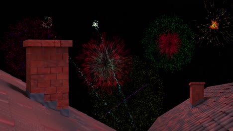 animación de coloridos fuegos artificiales de navidad y año nuevo explotando sobre los techos en el cielo nocturno