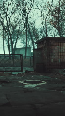 a gloomy, abandoned building in the fog