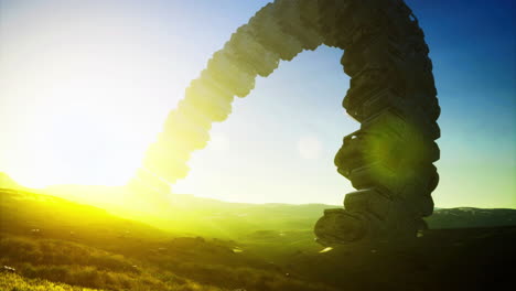 mysterious alien ship hovers over a tranquil landscape at dusk radiating light