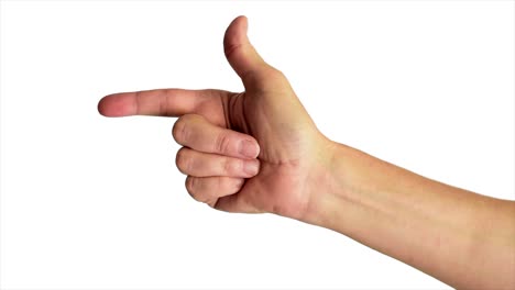 close up shot of a male hand pointing to the left, against a plain white background