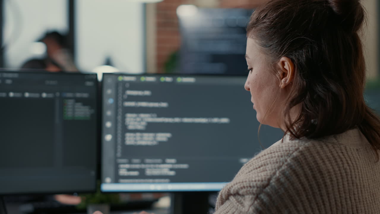 Over shoulder view of focused database designer writing code looking at multiple computer screens