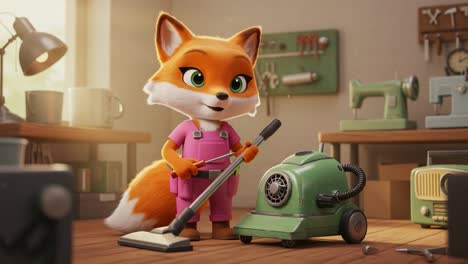 a whimsical animated fox character engages in cleaning with a vacuum in a cozy workshop, showcasing fun and imagination in a creative environment