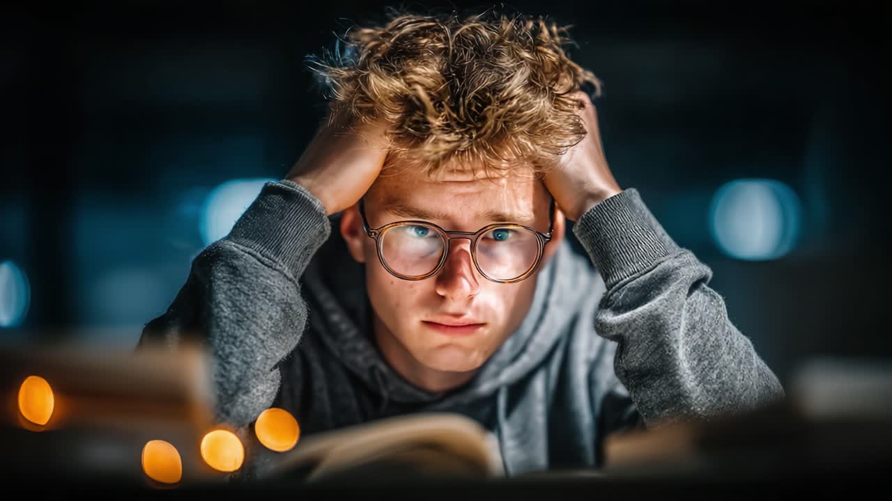 A Studious Young Man Overwhelmed by Stress and Anxiety While Studying Late at Night in a Dimly Lit Room, Struggling to Focus on His Homework