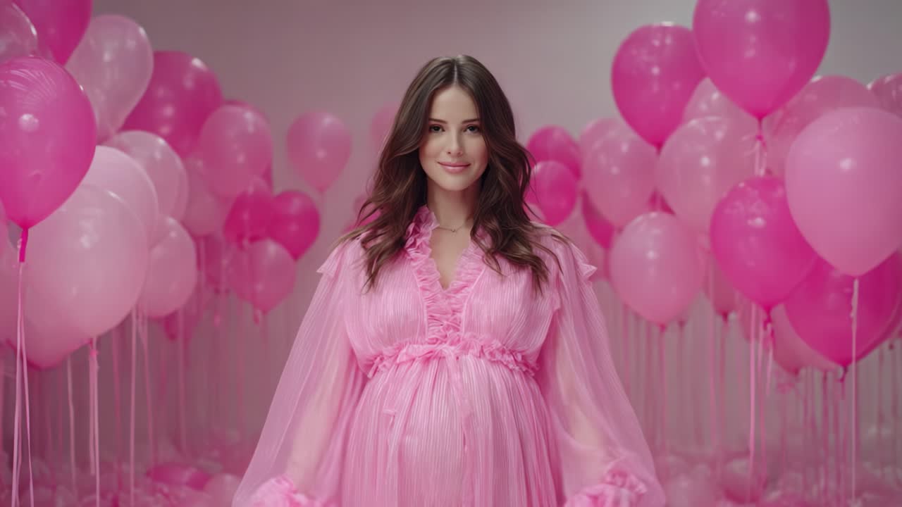 A radiant expectant mother celebrates her journey in a whimsical pink balloon-filled setting, embodying joy and anticipation as she embraces her beautiful baby bump