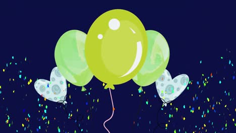 Animación-De-Globos-Verdes-Volando-Y-Confeti-Cayendo-Sobre-Fondo-Azul