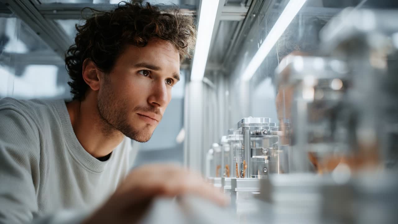 A focused individual observes intricate experimental setups within a high-tech laboratory, showcasing the intensity of scientific inquiry and the importance of attention to detail in research environments