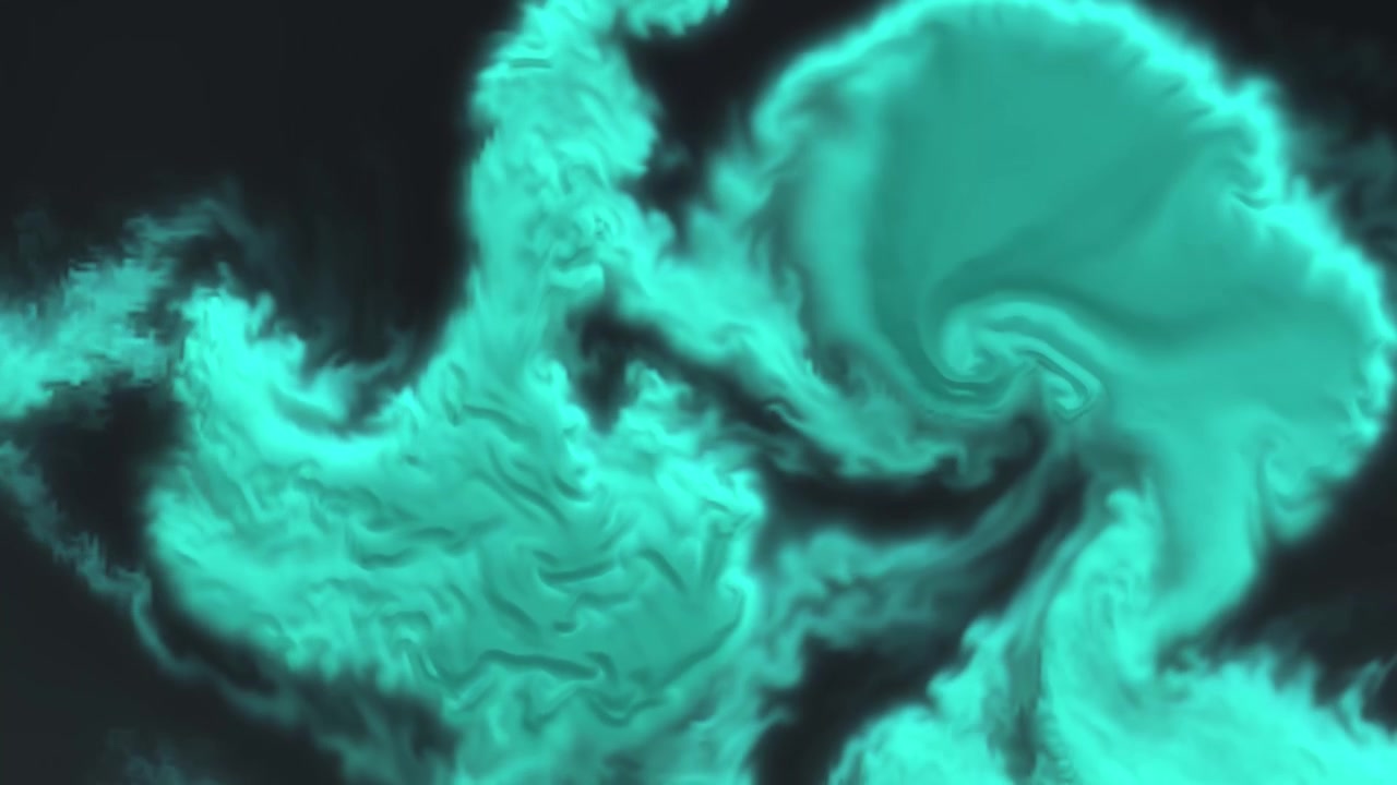 Polvere color ciano e nuvole di fumo fluido si muovono dinamicamente su uno sfondo nero scuro