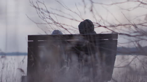 guy sitting park bench watching scenery talking dramatic talk silhouette discussion suspicious spying conclusion planning investing time trouble drama sunset cold winter morning apocalyptic dad