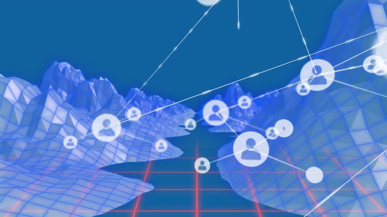 파란색 배경에 메타버스 구조 위의 프로필 아이콘 네트워크의 애니메이션