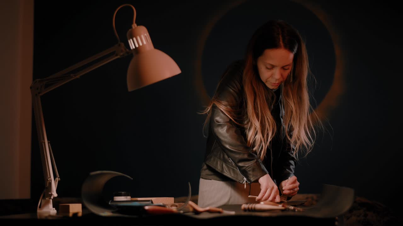 mujer usando un martillo y un cincel de cuero en el taller, perforando agujeros, configuración oscura, alto contraste, clasificación de color