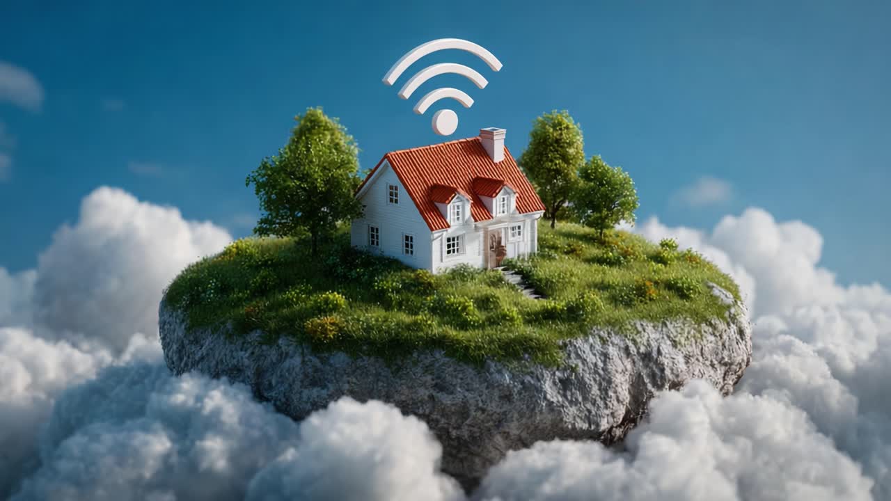 A whimsical floating house surrounded by lush greenery on a cloud, symbolizing connectivity and modern living through its prominent Wi-Fi signal