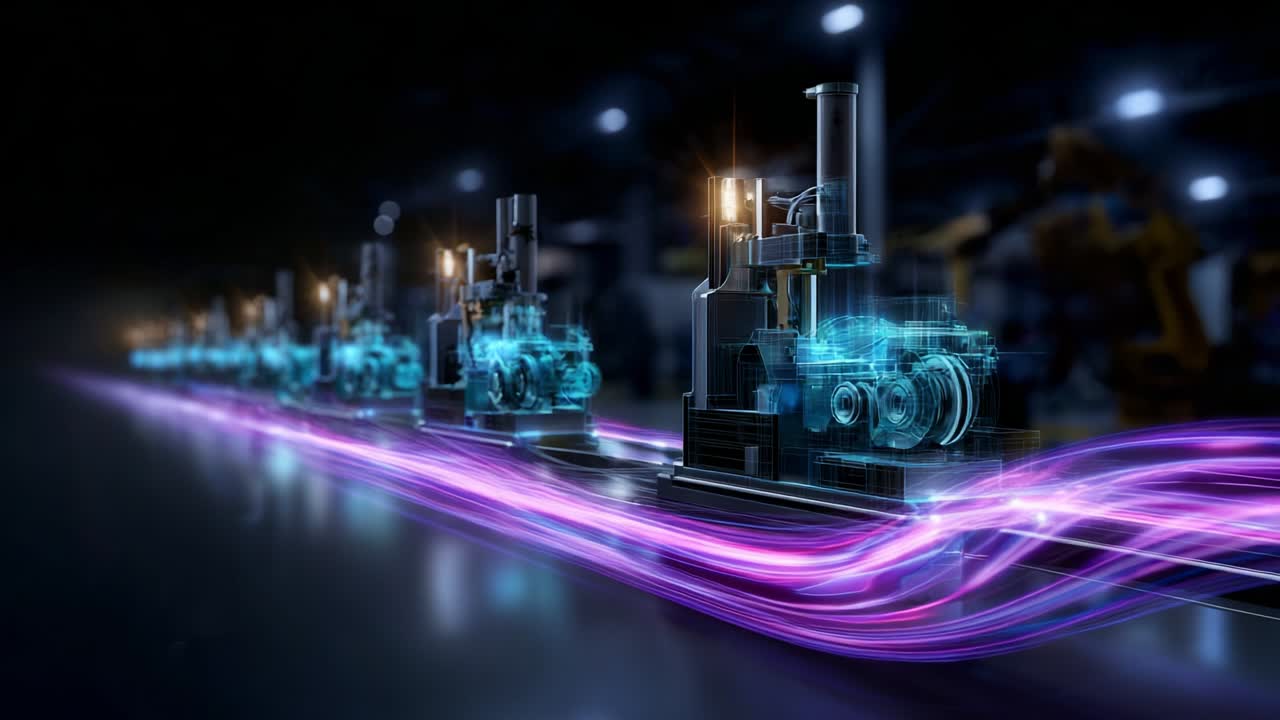 Futuristic Manufacturing Line Showcasing Advanced Holographic Machinery and High-Tech Robotics in a Dynamic Industrial Environment with Vibrant Energy Flow Representing Innovation and Progress