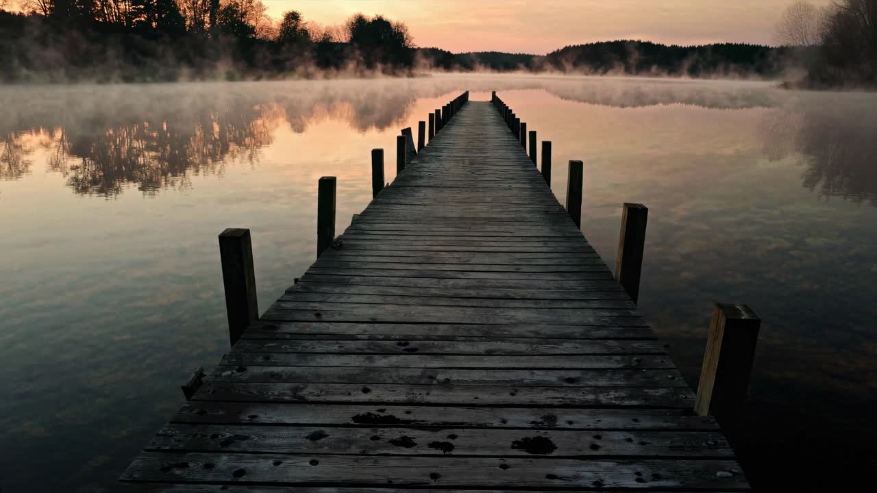 Une scène de lac paisible et brumeuse au lever du soleil avec une jetée en bois menant au loin