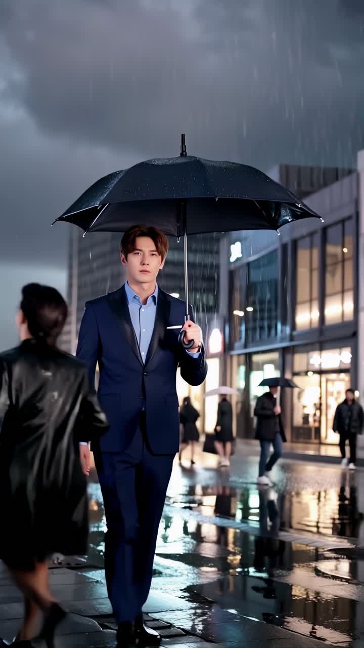Rainy city scene with an asian male professional walking to work.