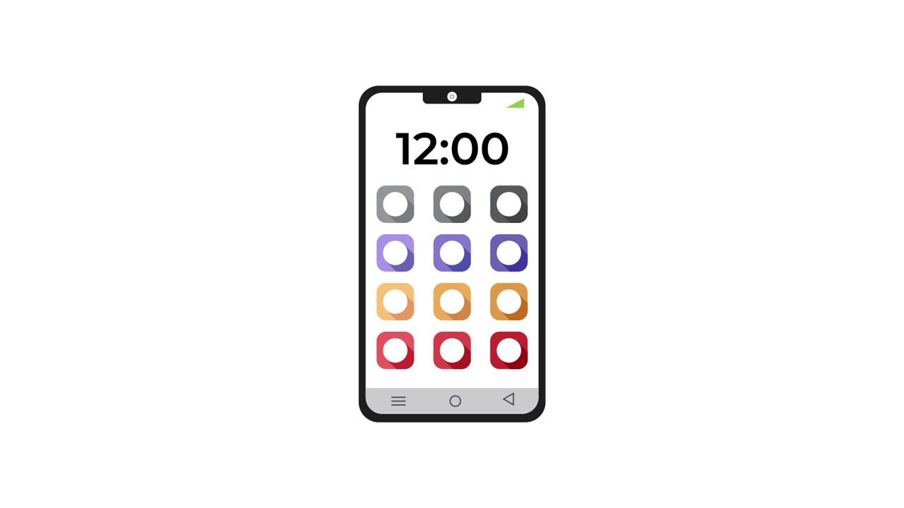 Animert smarttelefon som viser appikoner og klokkeslett på hvit bakgrunn