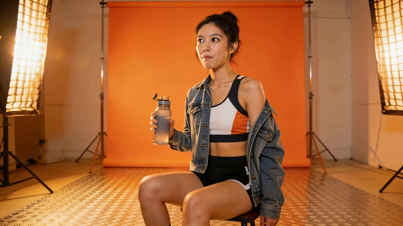 Model Kebugaran Berkaus Crop Mengangkat Botol Minum Isi Ulang untuk Minum di Studio, Menghidrasi Diri