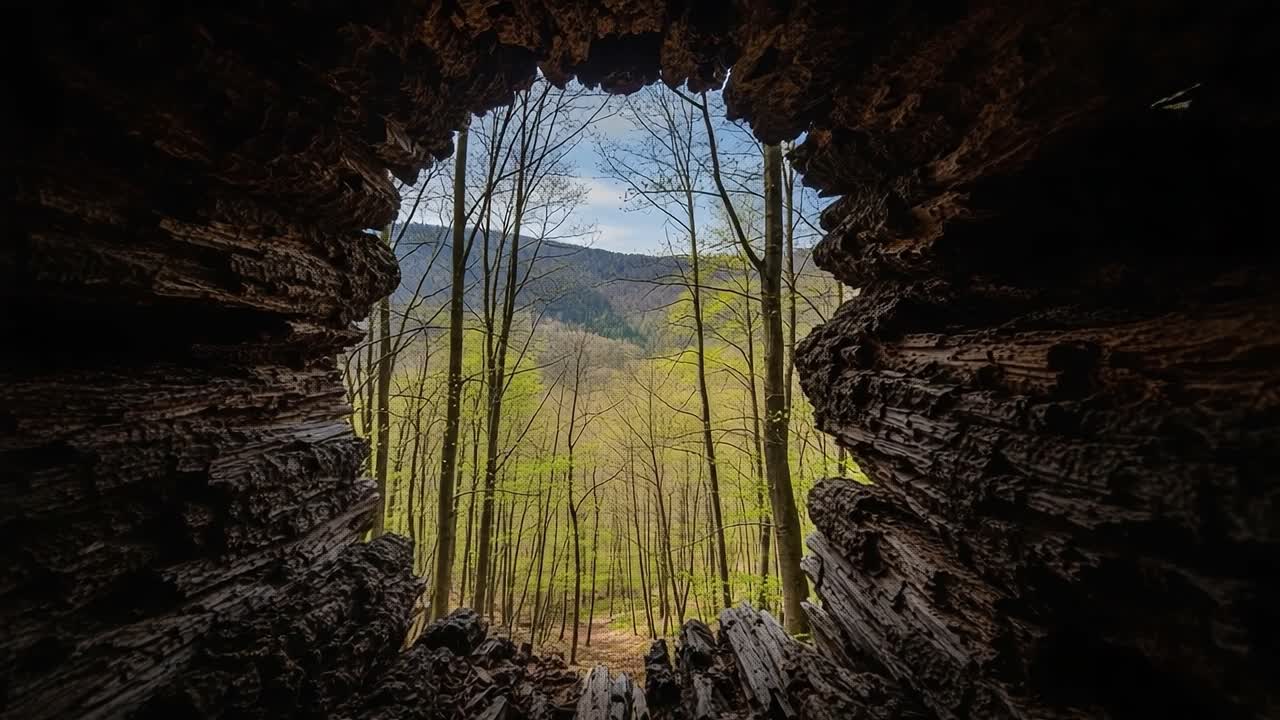 A Serene Glimpse Through Nature's Frame: Captivating View of Lush Green Forest Trees and Rolling Hills Beyond from a Natural Rock Structure