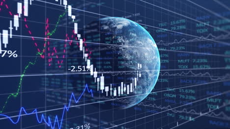 animation of financial and stock market data processing over a globe against blue background