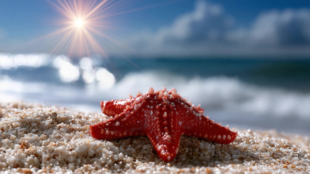 Una vivace stella marina rossa che riposa su una spiaggia sabbiosa sotto la luce scintillante del sole, mettendo in mostra la bellezza e la tranquillità della natura in un ambiente costiero.
