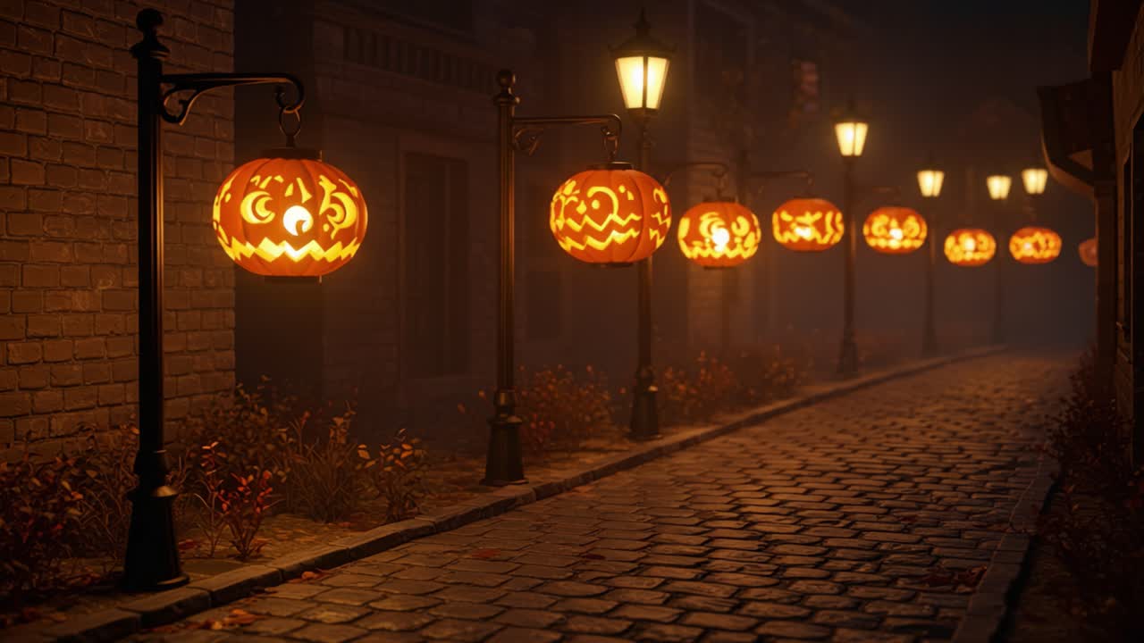 A Spooky Halloween Night: Illuminated Jack-O'-Lanterns Line a Cobblestone Street Surrounded by Fog and Dim Streetlights, Creating an Enchanting Fall Atmosphere