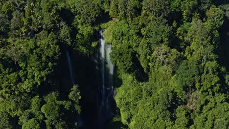 high-angle aerial footage captures twin waterfalls cascading through a vibrant green rainforest in southeast asia, highlighting the untouched natural beauty of the tropical landscape