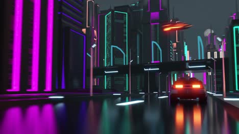 Animation-of-car-driving-in-neon-lit-city-at-night-background
