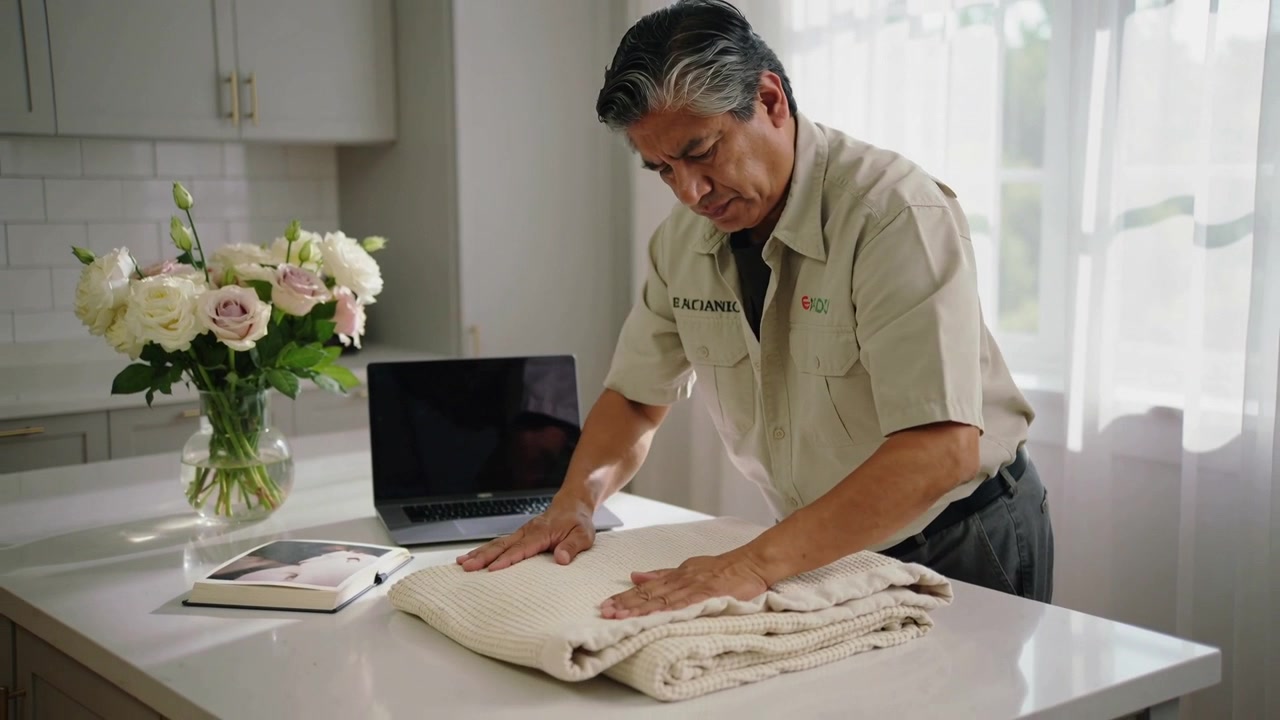 Lavoratore in uniforme che si piega in avanti per lisciare una coperta a casa, con un laptop e un vaso che si appiattiscono