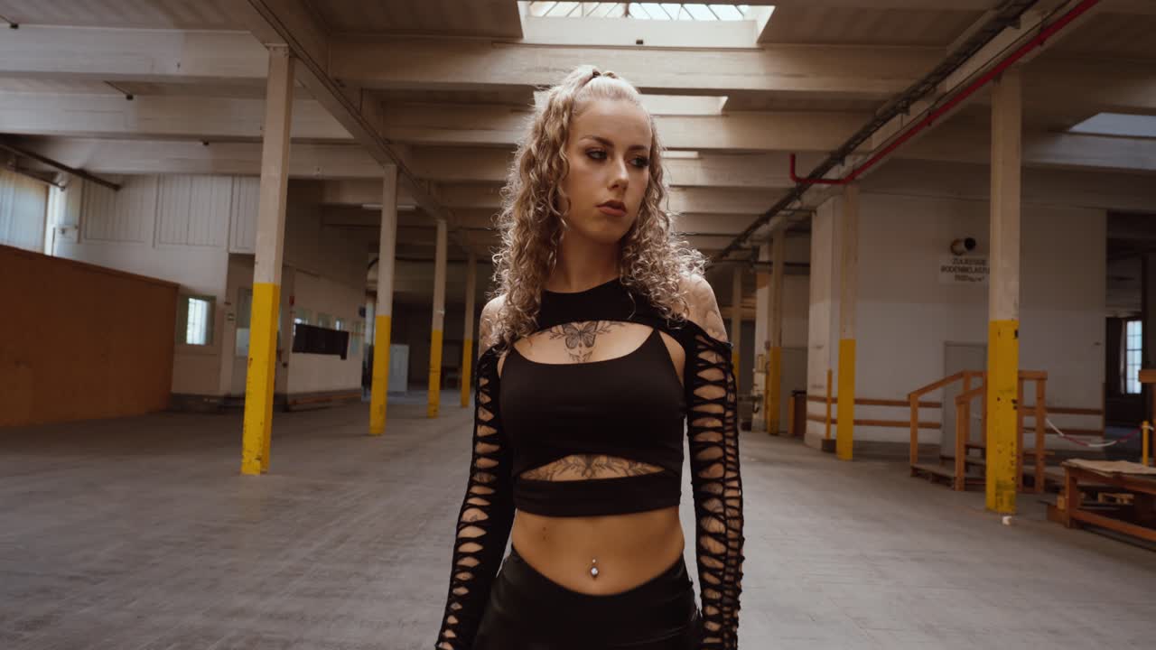 Tattooed woman standing still in empty urban hall, gimbal movement