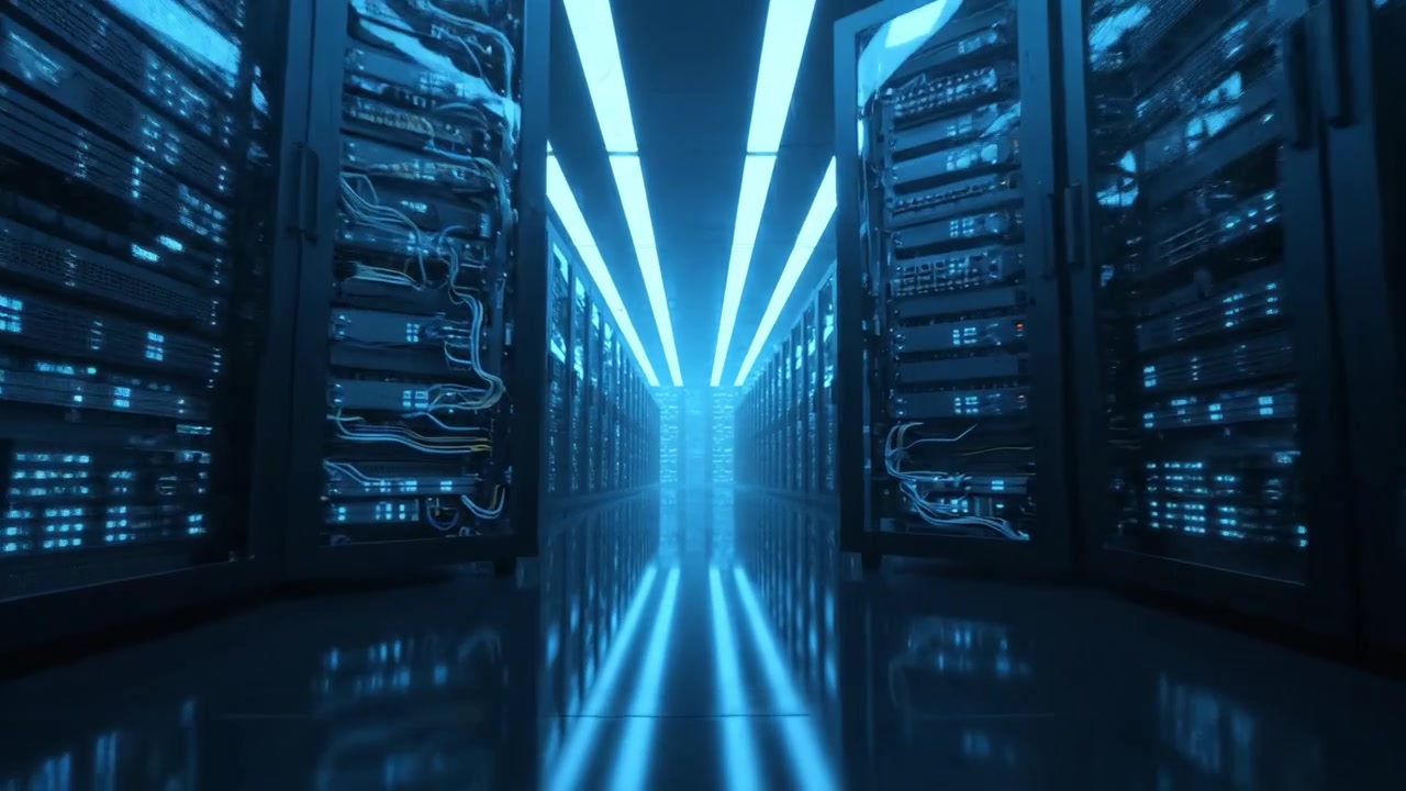 Exploring a Futuristic Data Center: The Interior of a High-Tech Server Room Emitting Blue Light with Rows of Servers Reflecting on a Glossy Floor