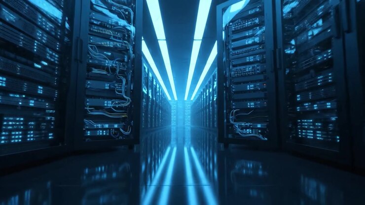 Exploring a Futuristic Data Center: The Interior of a High-Tech Server Room Emitting Blue Light with Rows of Servers Reflecting on a Glossy Floor