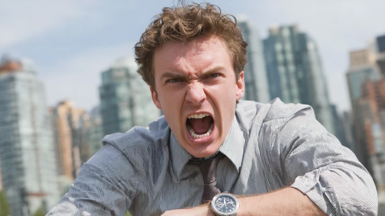 Intense Emotional Outburst: A Frustrated Man Yelling in an Urban Setting with Skyscrapers and Tall Buildings in the Background Reflecting His Anger