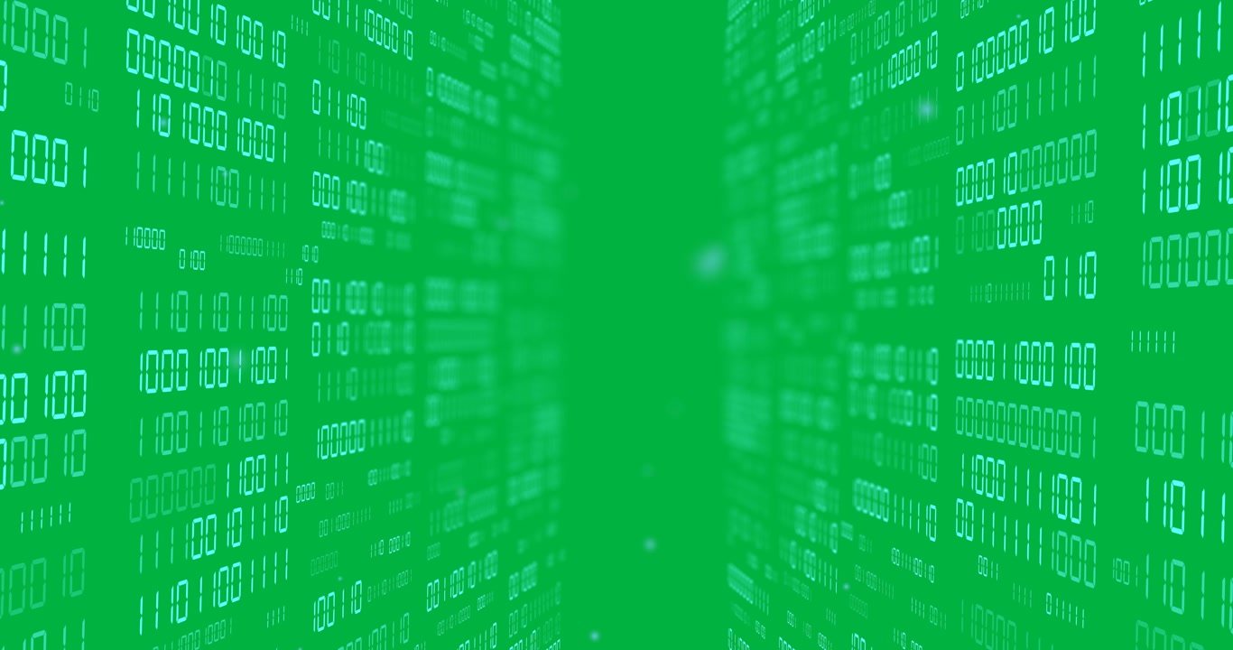 Animation of blue light spots and two walls of binary data processing on transparent background