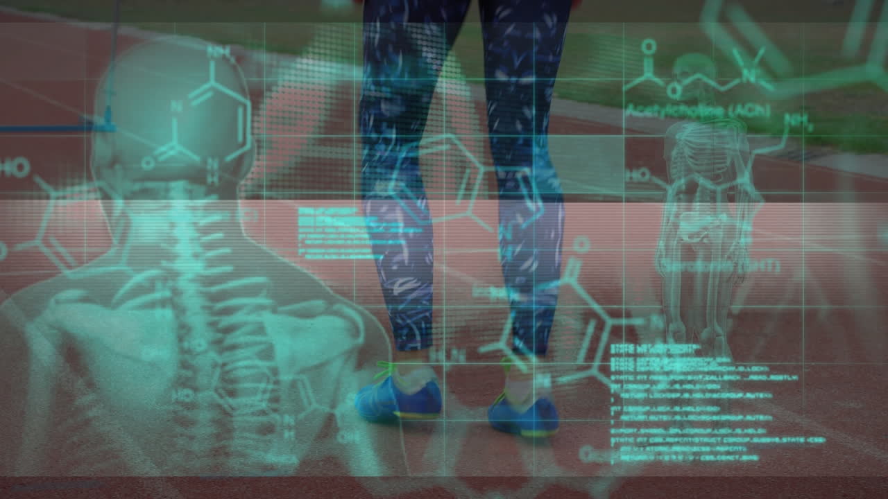 과학적 데이터와 인간의 실루을 가진 화면의 애니메이션은 백인 여성의 다리에 달리고 있습니다.