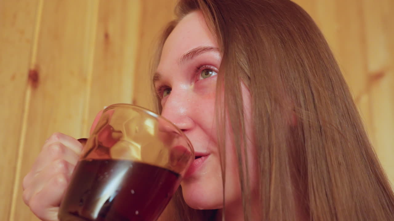 Young adult woman gently wipes water from face with hand inside sauna, refreshing herself after taking drink, long wet hair draped over shoulders, subtle lighting enhances calm atmosphere