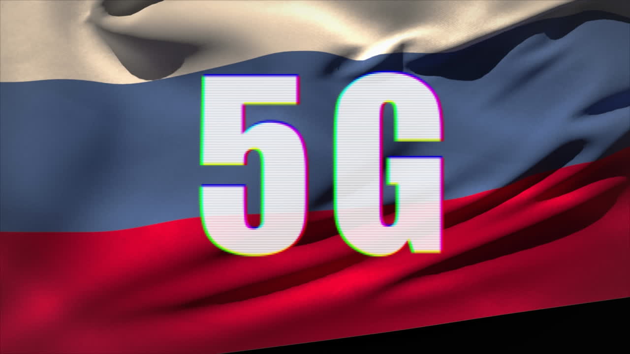Animazione di un effetto glitch su un banner di testo 5G con la bandiera russa sventolante sullo sfondo