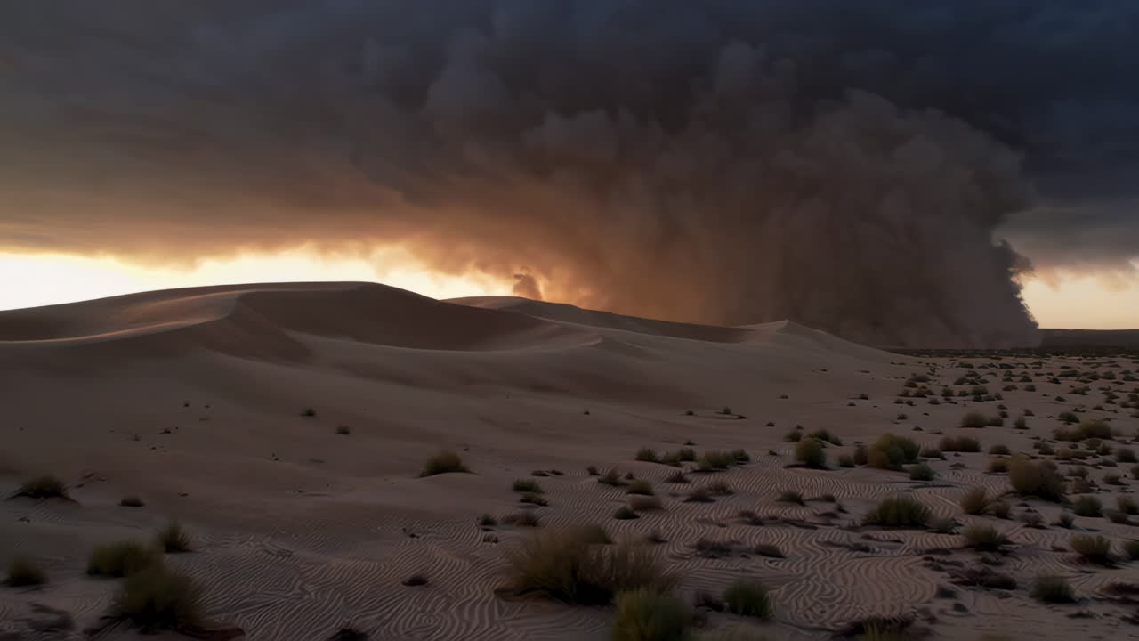 Sandstorm over Desert Dunes at Sunset