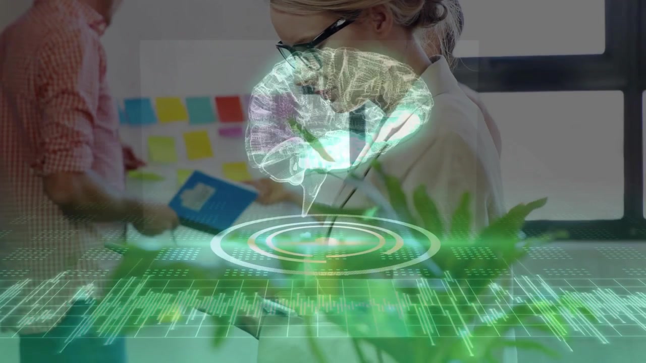 Video verticale: Donna che tocca un tablet, allineando cervello AR, anello e forma d'onda per l'analisi del team tecnico.