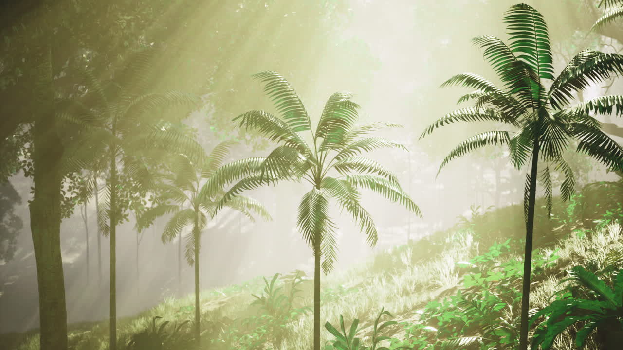 Sunlight filters through lush palms in a serene tropical forest